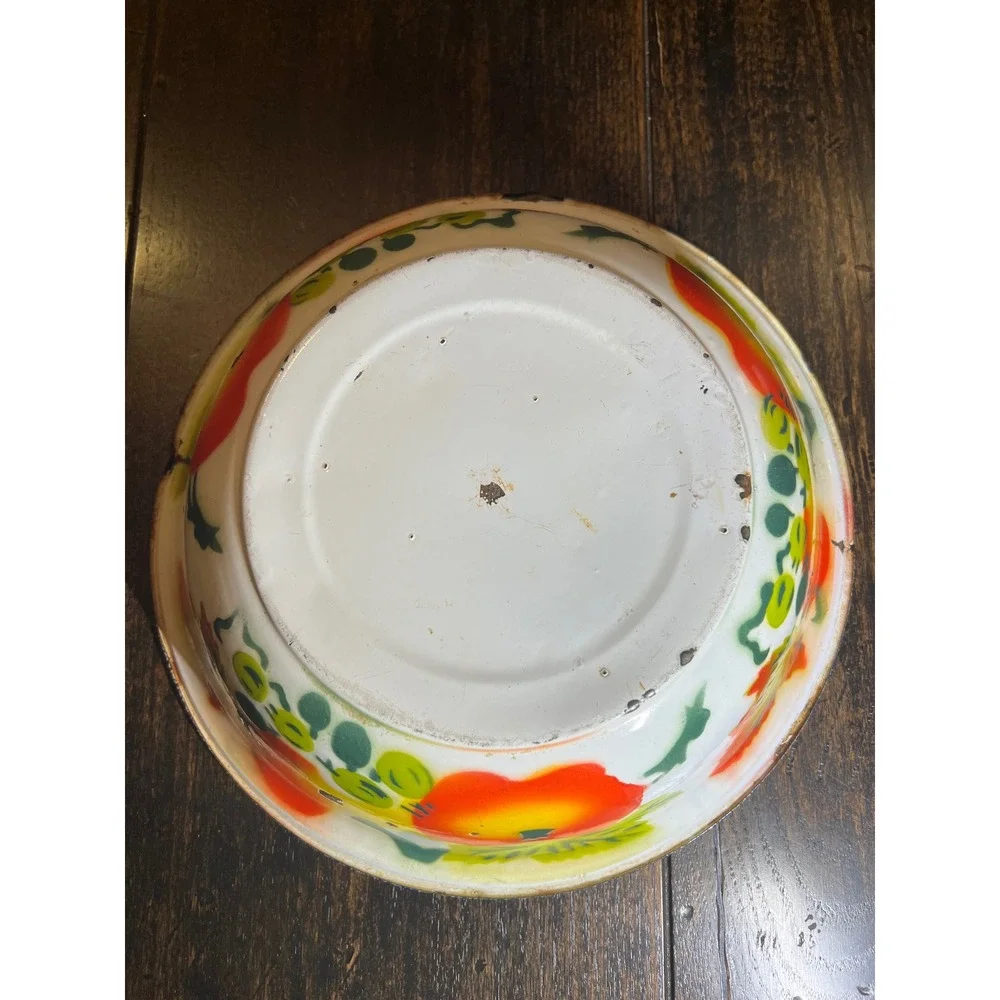 VTG Mid Century Enamel Bowl Fruit Apples Leaves Design Yellow Green Red Rustic